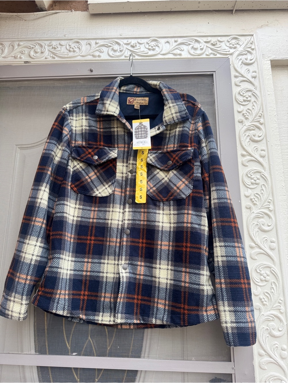 Heritage Navy Blue Cream and Rust Plaid Cardigan Sweater